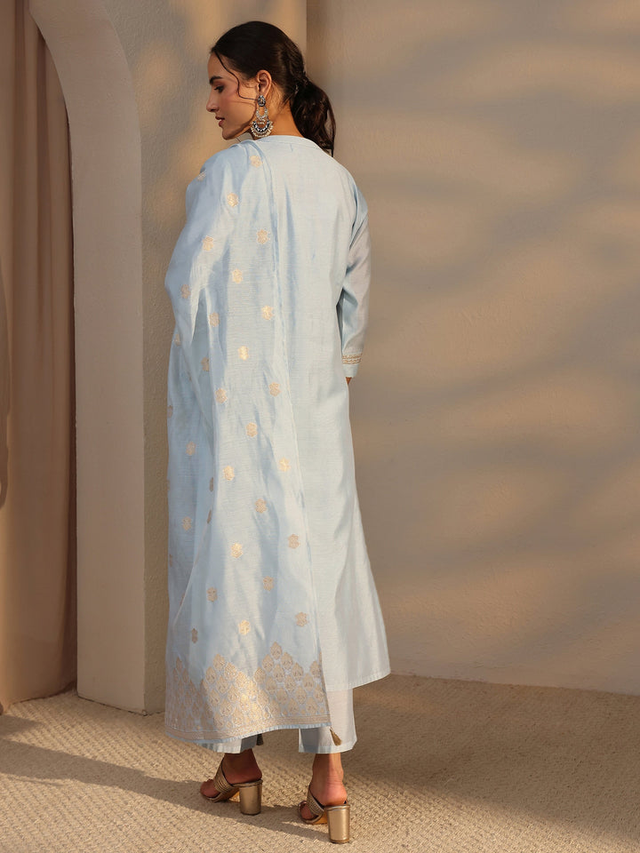 Blue Woven Design Chanderi Silk Straight Suit Set With Dupatta