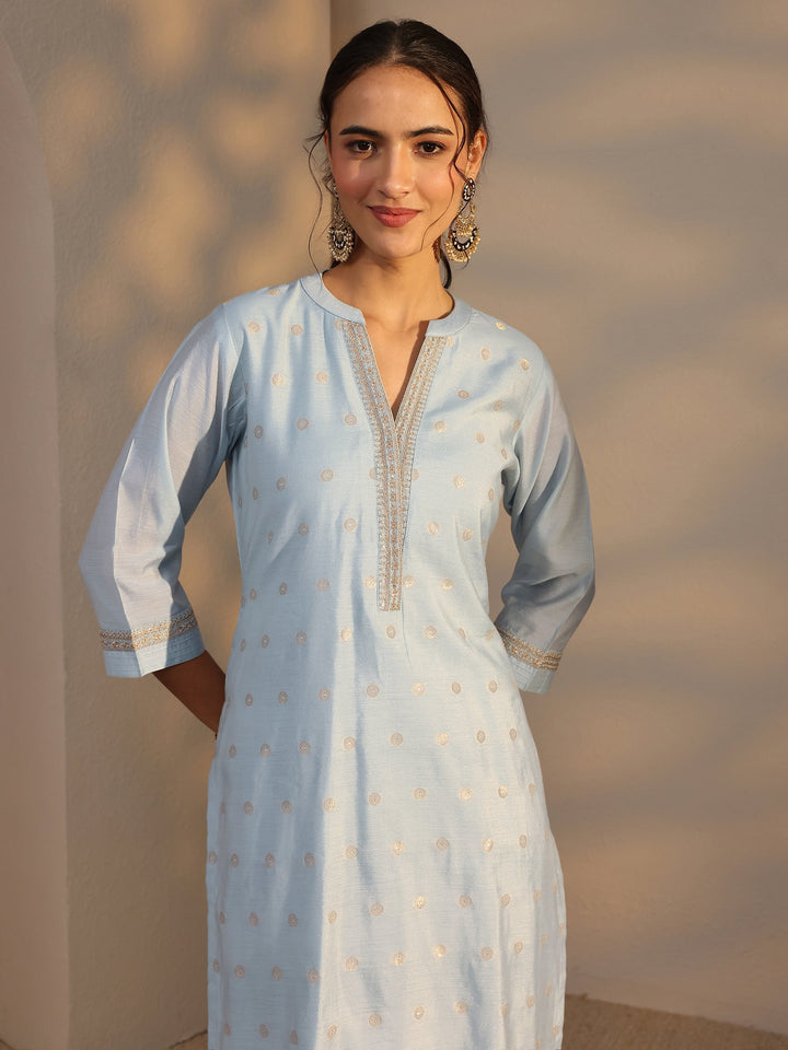Blue Woven Design Chanderi Silk Straight Suit Set With Dupatta