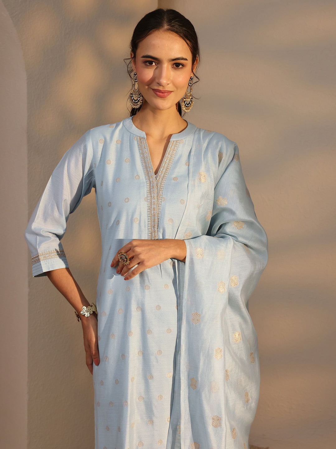 Blue Woven Design Chanderi Silk Straight Suit Set With Dupatta