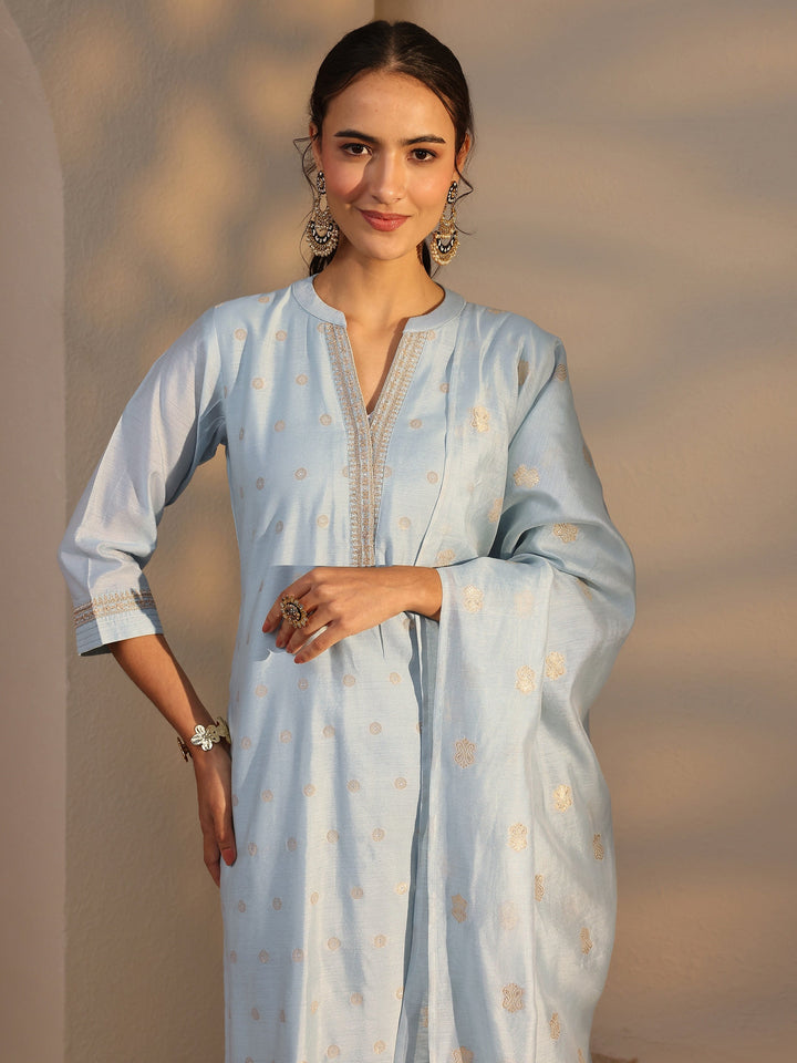 Blue Woven Design Chanderi Silk Straight Suit Set With Dupatta