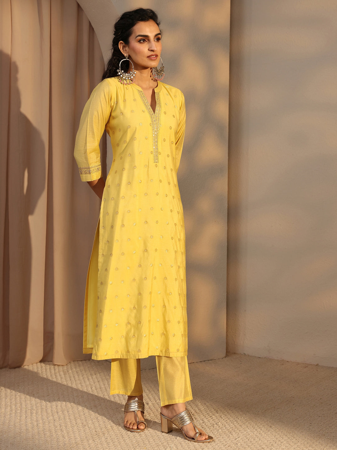 Yellow Woven Design Chanderi Silk Straight Suit Set With Dupatta