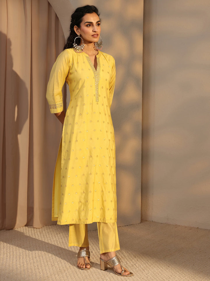 Yellow Woven Design Chanderi Silk Straight Suit Set With Dupatta