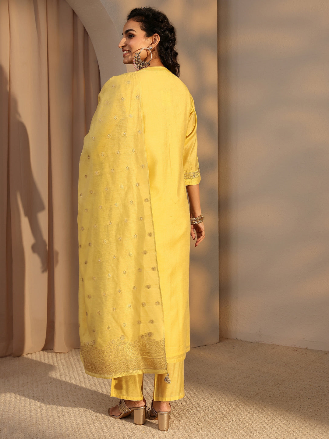 Yellow Woven Design Chanderi Silk Straight Suit Set With Dupatta