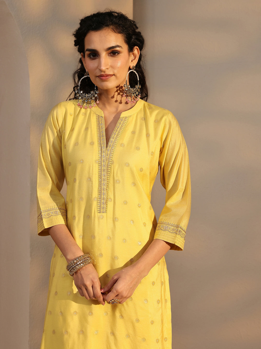 Yellow Woven Design Chanderi Silk Straight Suit Set With Dupatta