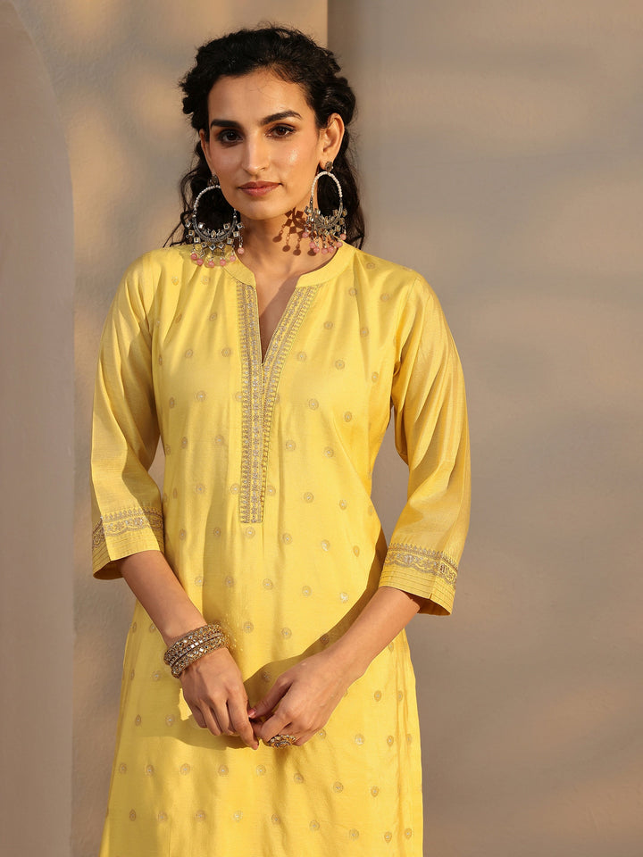 Yellow Woven Design Chanderi Silk Straight Suit Set With Dupatta