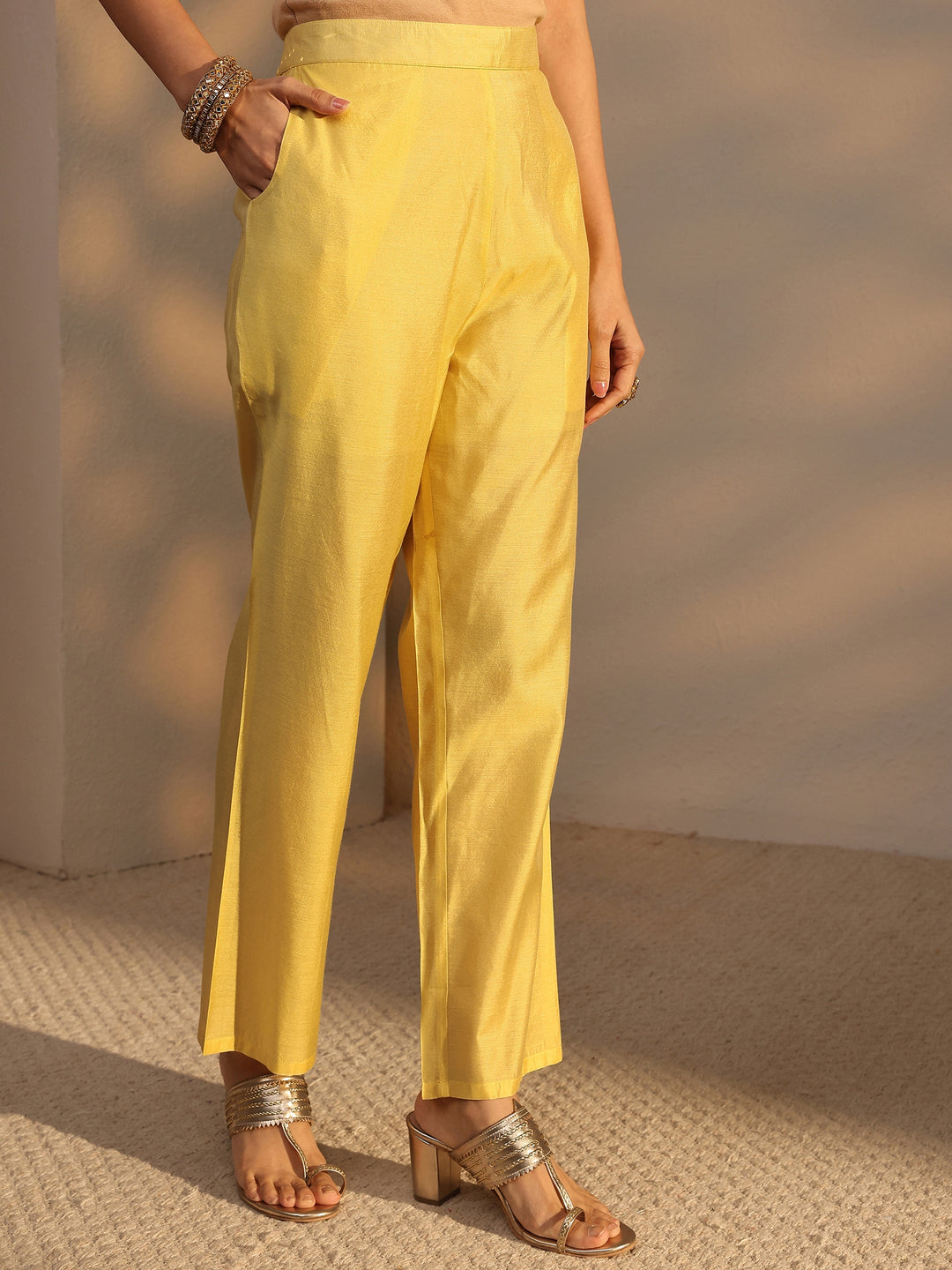 Yellow Woven Design Chanderi Silk Straight Suit Set With Dupatta