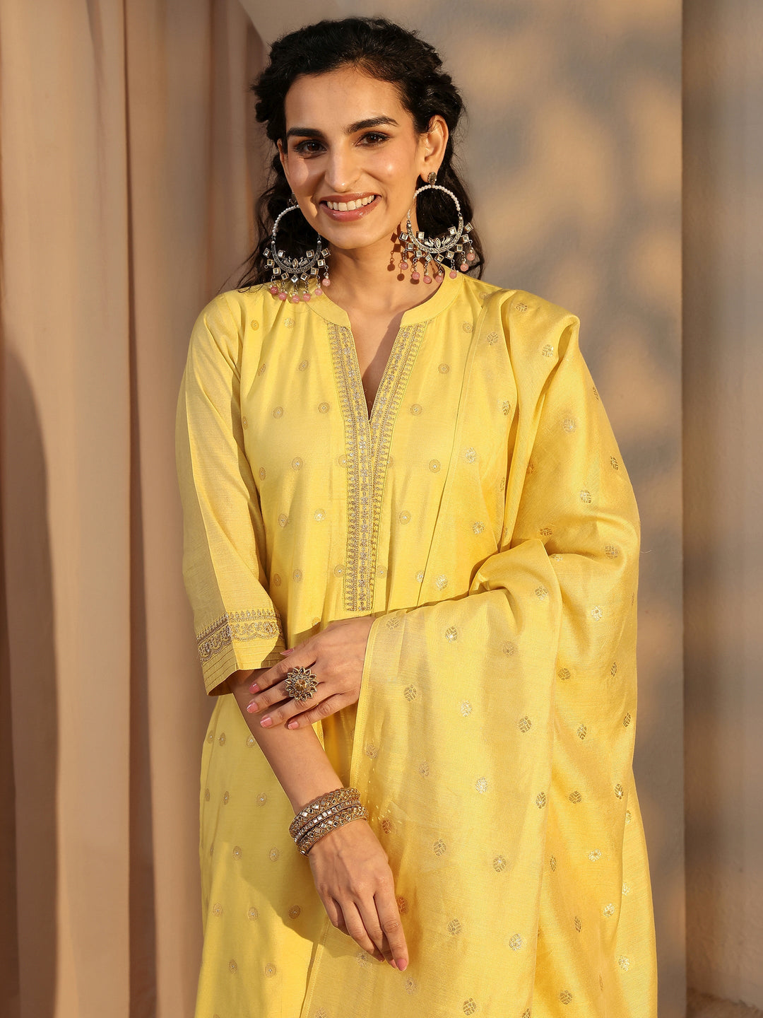 Yellow Woven Design Chanderi Silk Straight Suit Set With Dupatta