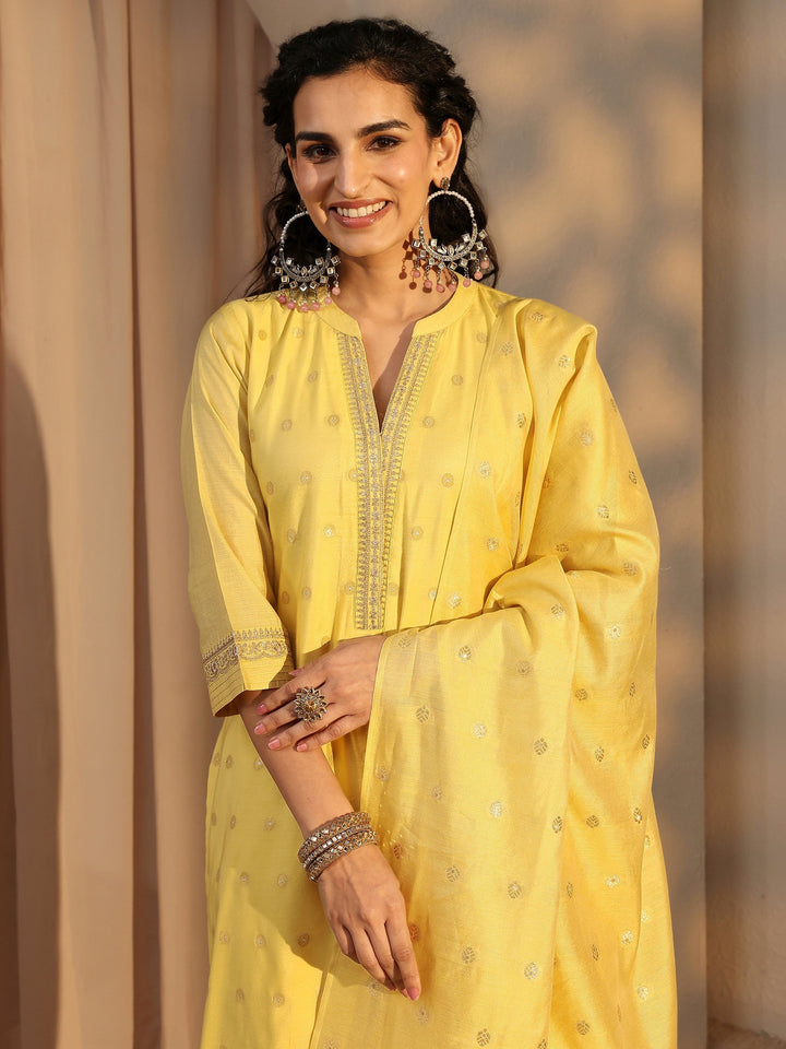 Yellow Woven Design Chanderi Silk Straight Suit Set With Dupatta