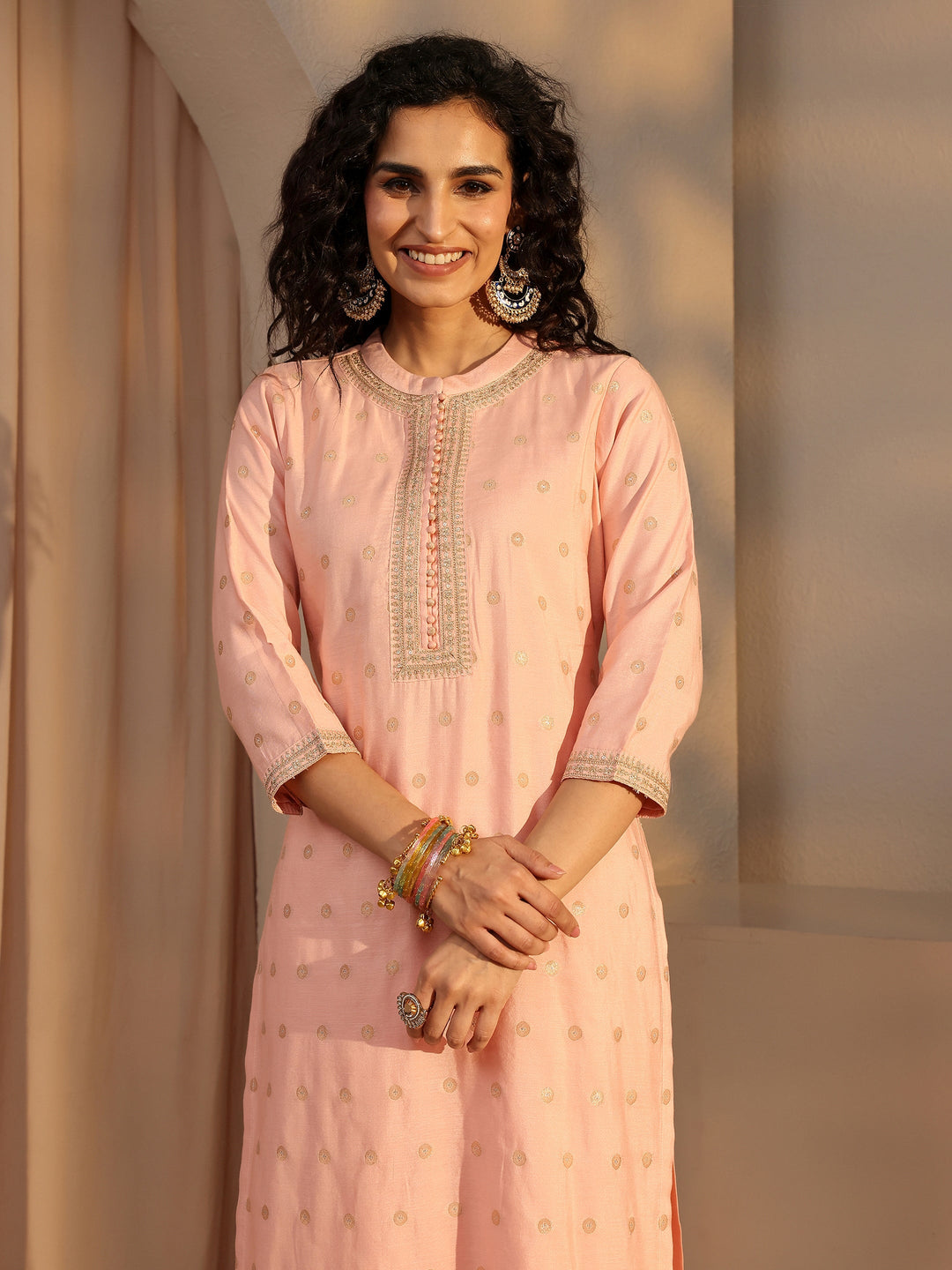 Peach Woven Design Chanderi Silk Straight Suit Set With Dupatta