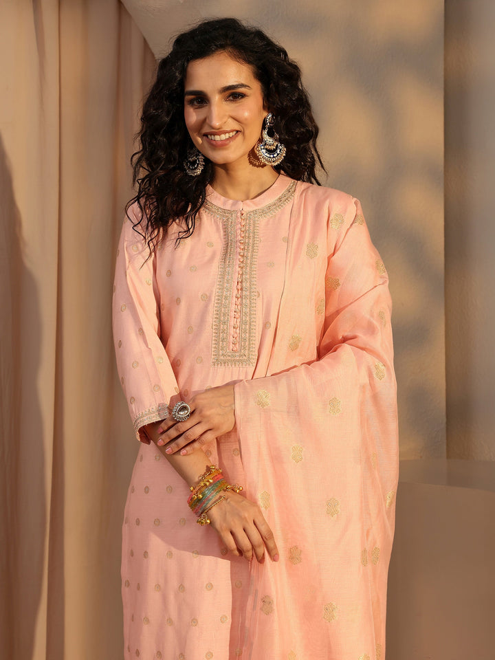 Peach Woven Design Chanderi Silk Straight Suit Set With Dupatta