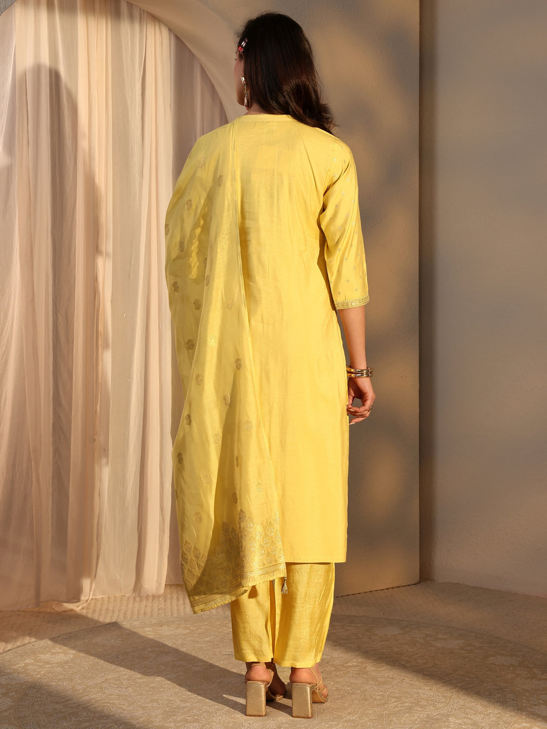 Yellow Woven Design Chanderi Silk Straight Suit Set With Dupatta