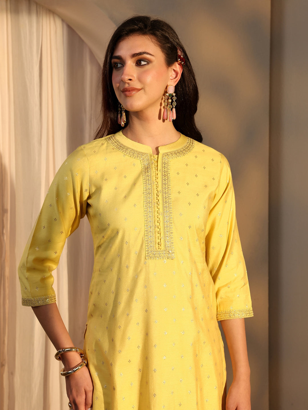 Yellow Woven Design Chanderi Silk Straight Suit Set With Dupatta