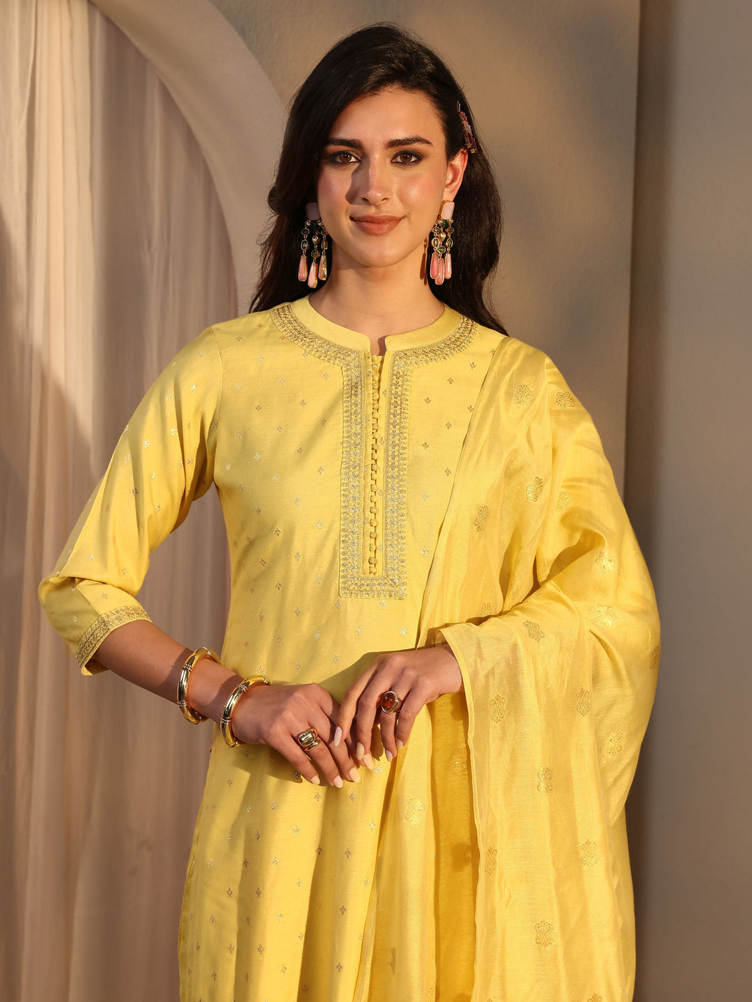 Yellow Woven Design Chanderi Silk Straight Suit Set With Dupatta