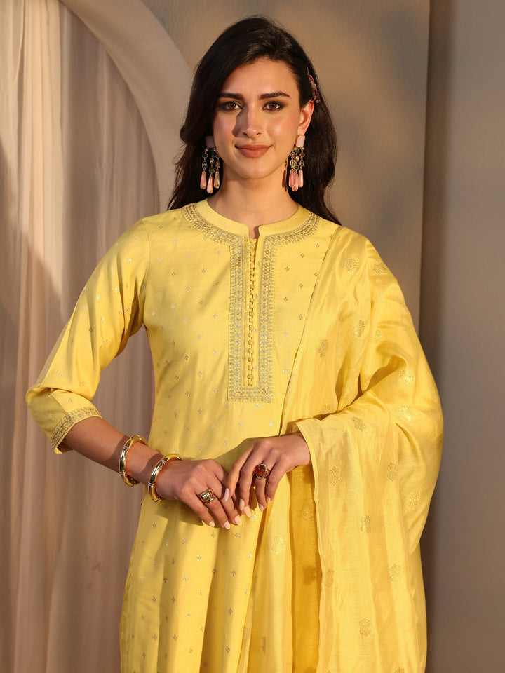 Yellow Woven Design Chanderi Silk Straight Suit Set With Dupatta