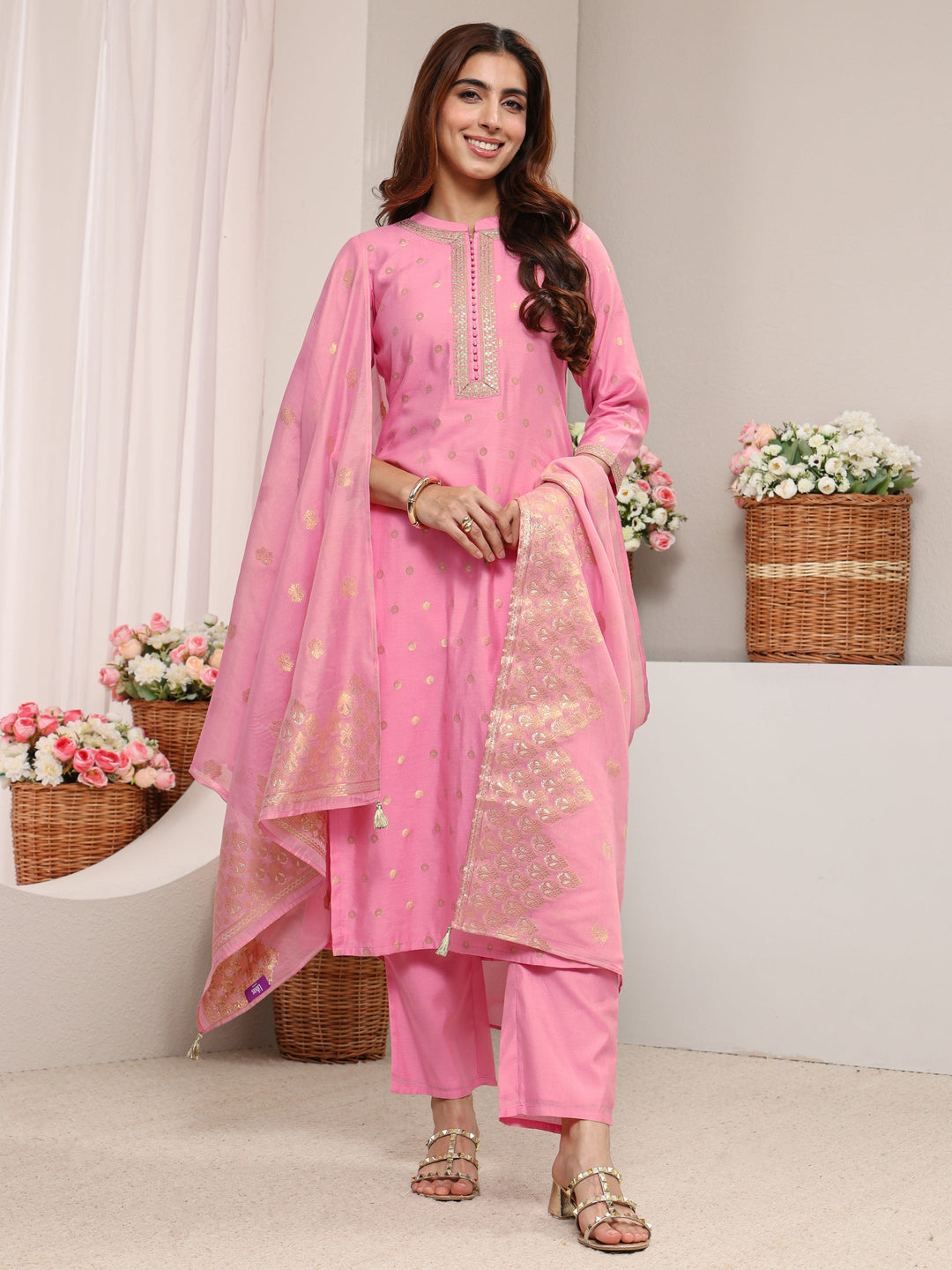 Pink Ethnic Woven Design Chanderi Silk Straight Suit Set With Dupatta
