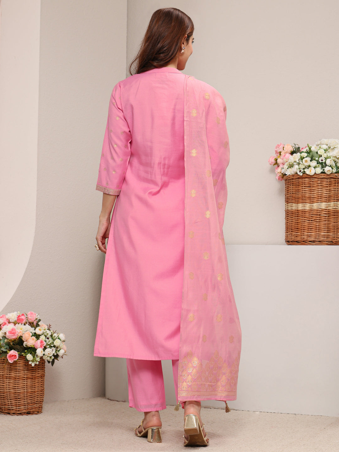 Pink Ethnic Woven Design Chanderi Silk Straight Suit Set With Dupatta