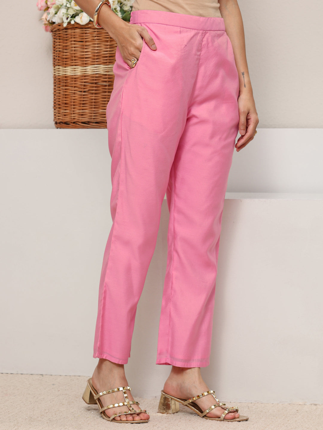 Pink Ethnic Woven Design Chanderi Silk Straight Suit Set With Dupatta