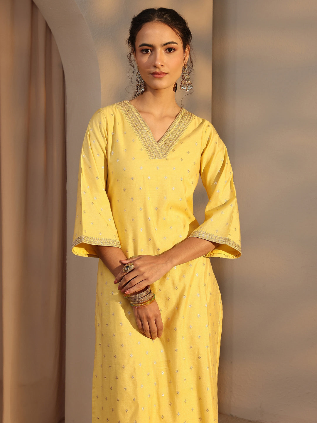 Yellow Woven Design Chanderi Silk Straight Suit Set With Dupatta
