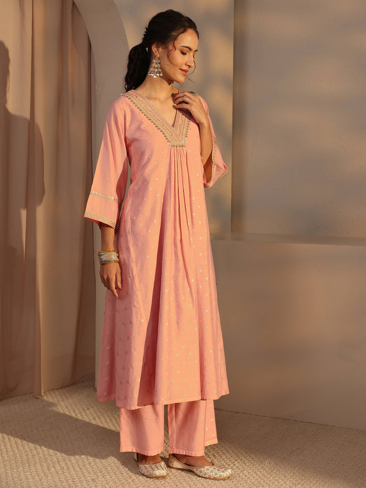 Peach Woven Design Chanderi Silk A-Line Suit Set With Dupatta