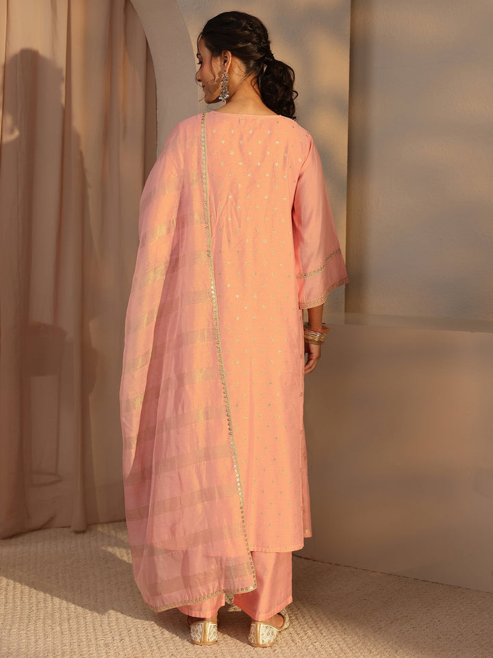 Peach Woven Design Chanderi Silk A-Line Suit Set With Dupatta