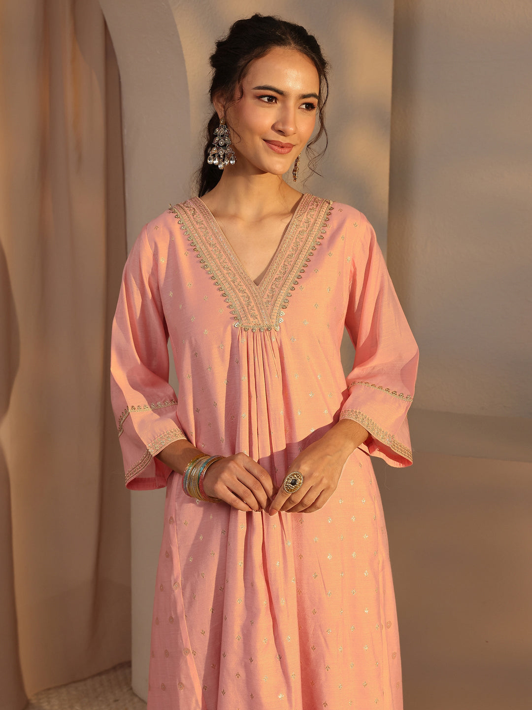 Peach Woven Design Chanderi Silk A-Line Suit Set With Dupatta