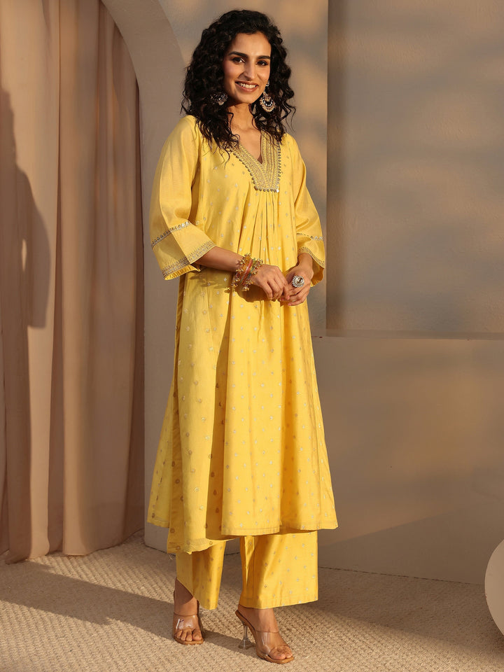 Yellow Woven Design Chanderi Silk A-Line Suit Set With Dupatta