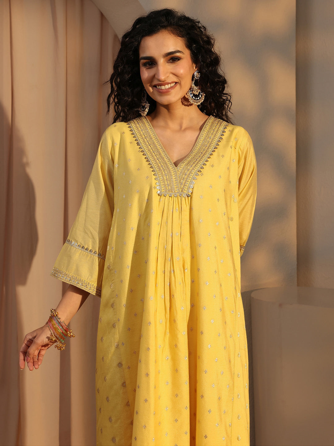 Yellow Woven Design Chanderi Silk A-Line Suit Set With Dupatta