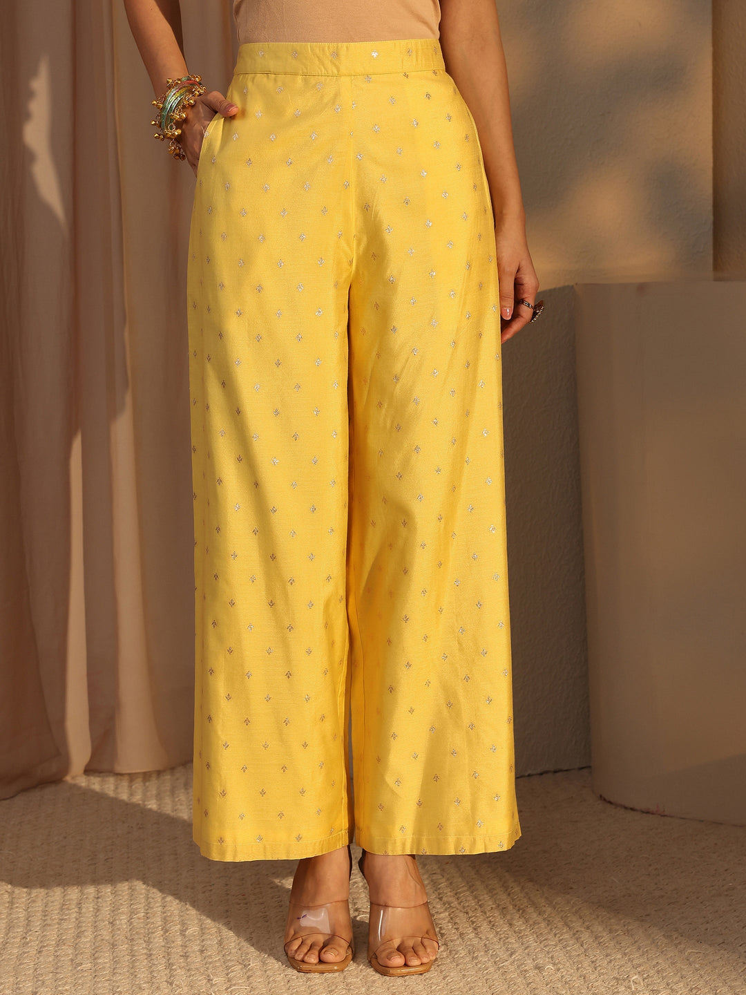 Yellow Woven Design Chanderi Silk A-Line Suit Set With Dupatta