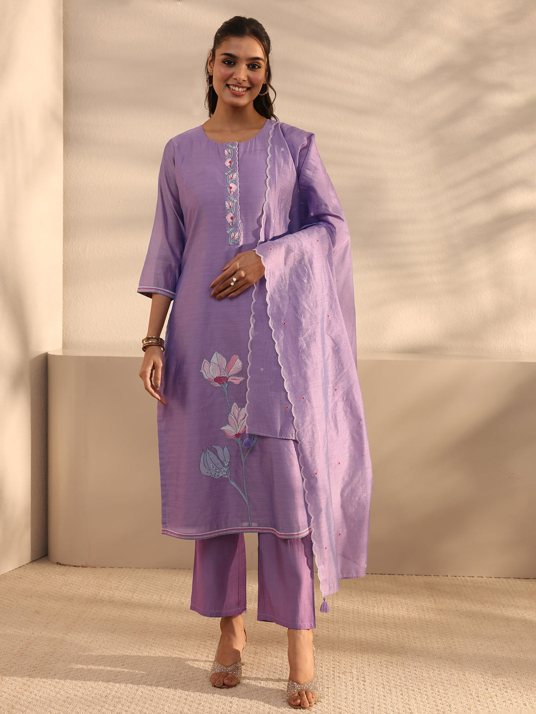 Purple Floral Embroidered Chanderi Silk Straight Suit Set With Dupatta