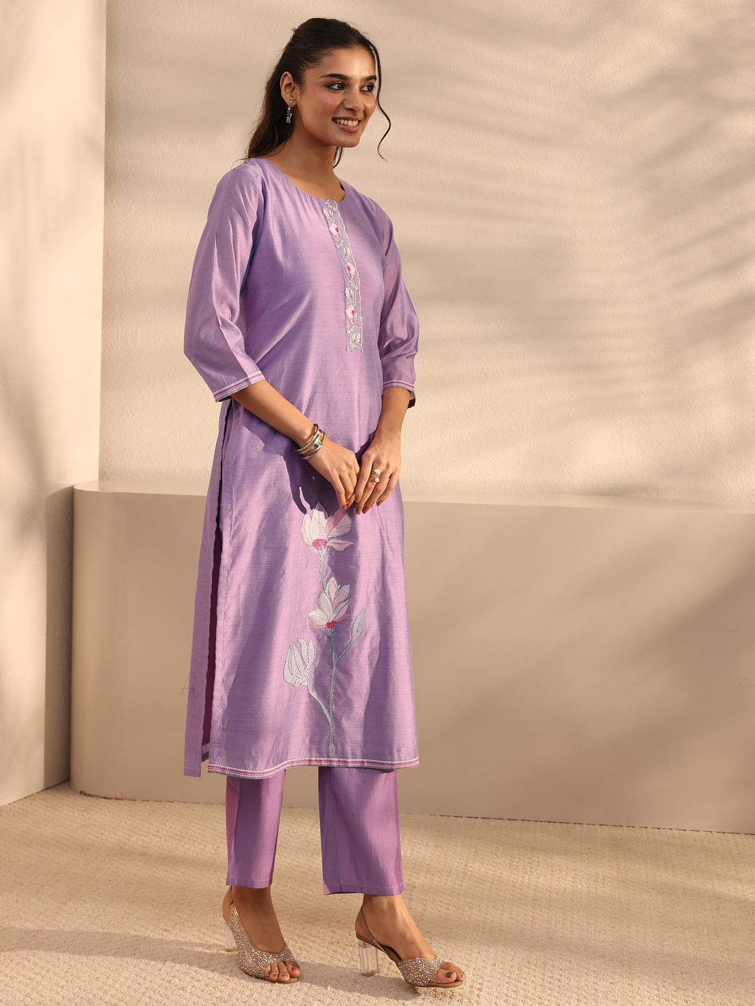 Purple Floral Embroidered Chanderi Silk Straight Suit Set With Dupatta