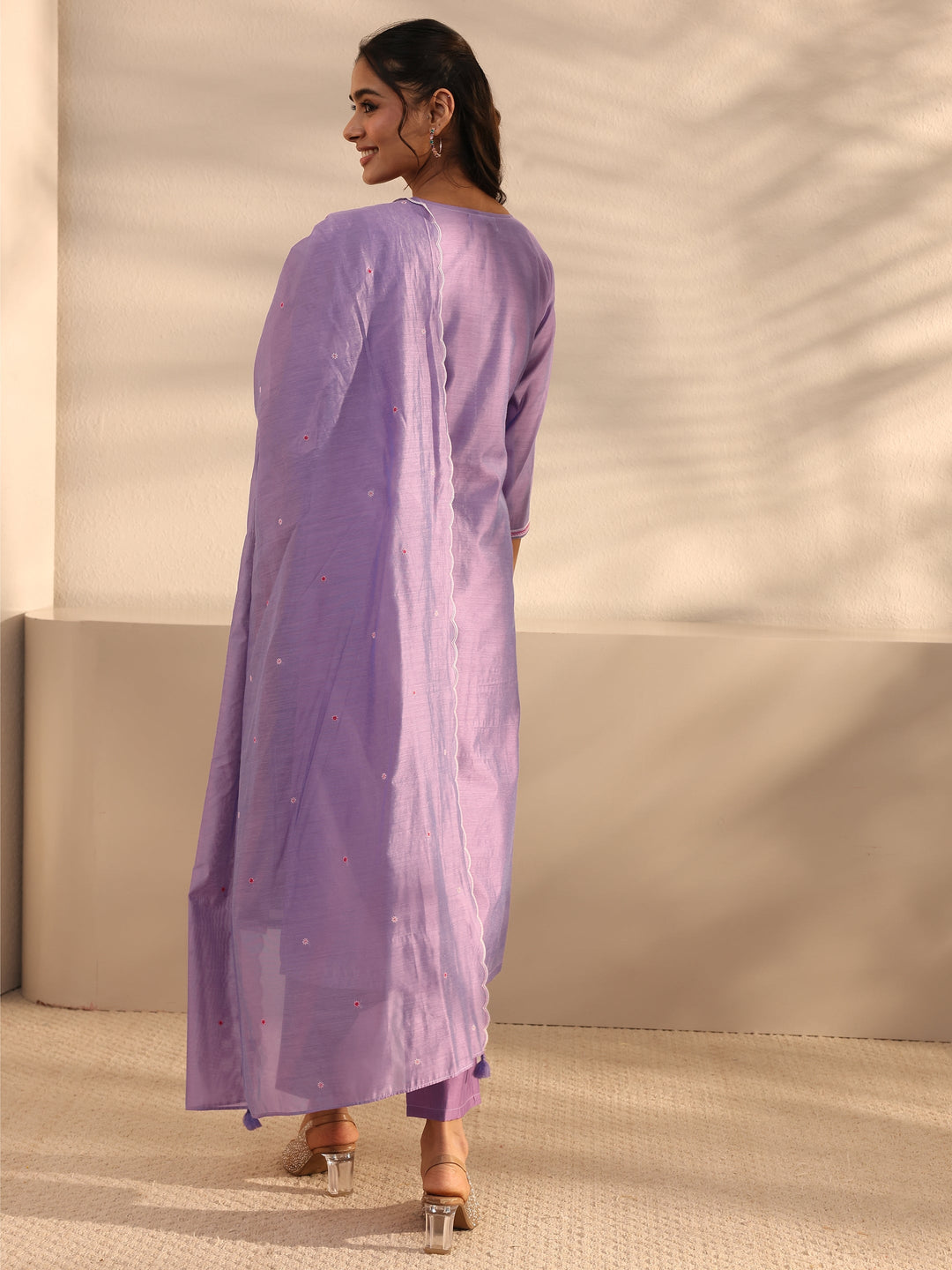 Purple Floral Embroidered Chanderi Silk Straight Suit Set With Dupatta