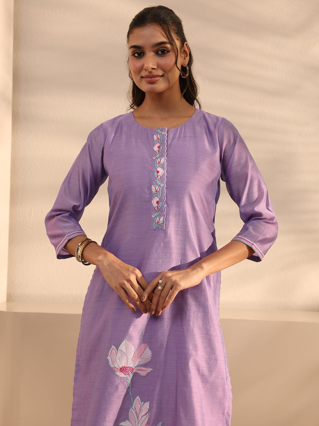 Purple Floral Embroidered Chanderi Silk Straight Suit Set With Dupatta