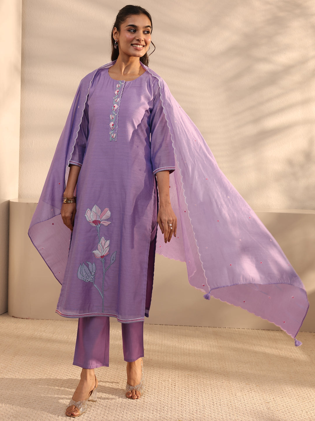 Purple Floral Embroidered Chanderi Silk Straight Suit Set With Dupatta