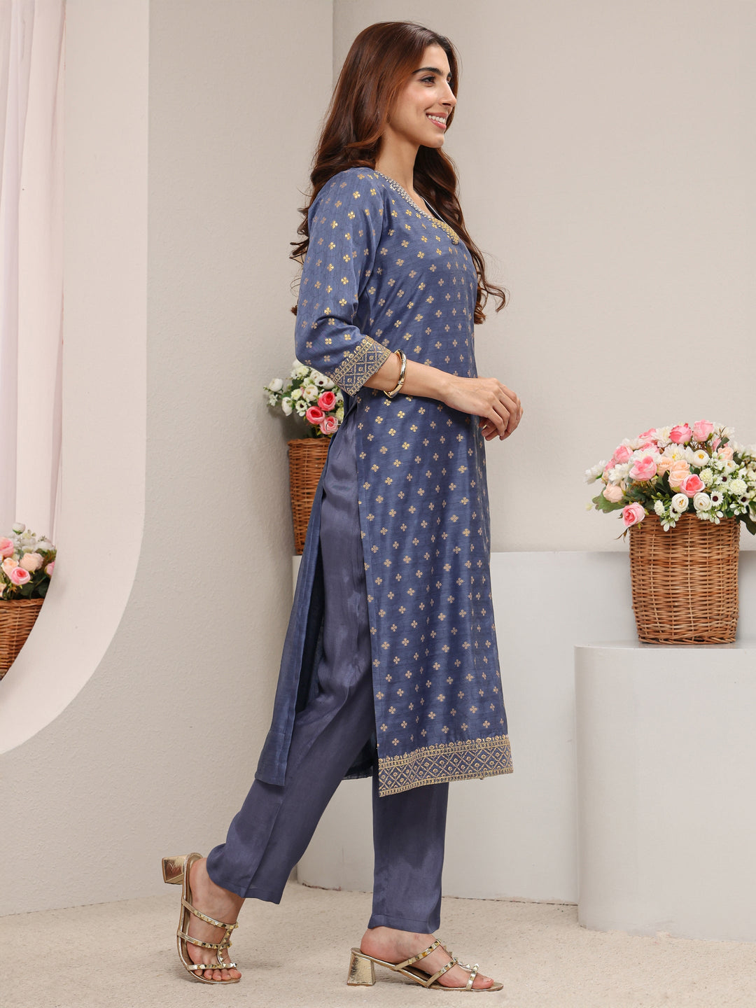 Blue Ethnic Woven Design Chanderi Silk Straight Suit Set With Dupatta