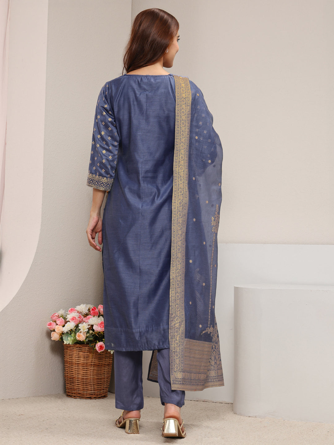 Blue Ethnic Woven Design Chanderi Silk Straight Suit Set With Dupatta