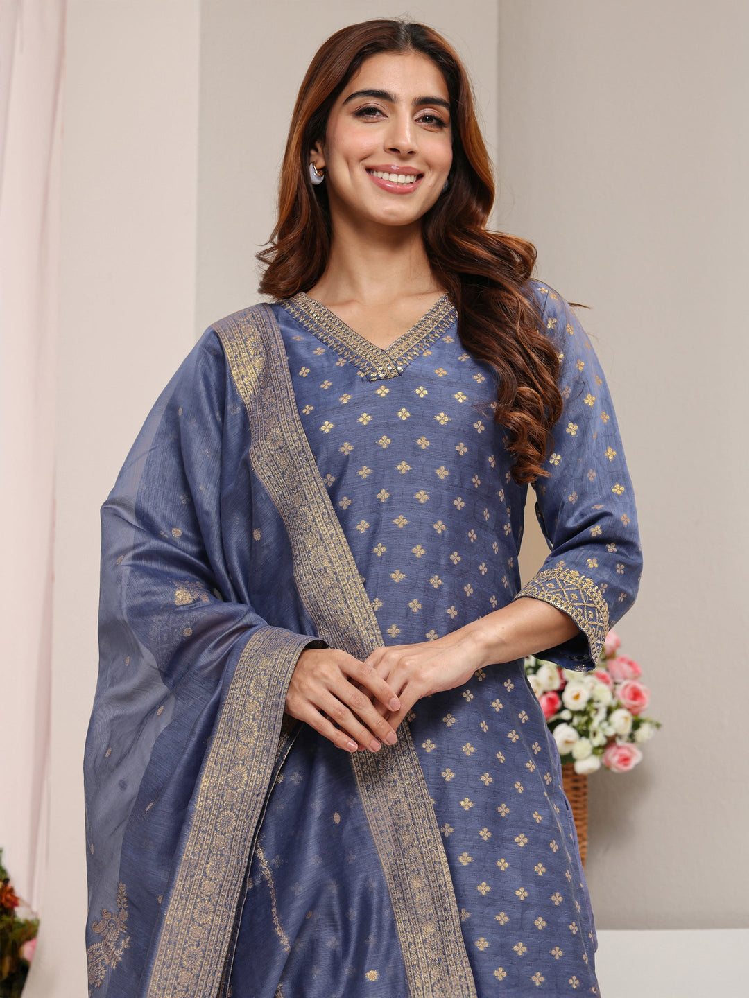 Blue Ethnic Woven Design Chanderi Silk Straight Suit Set With Dupatta