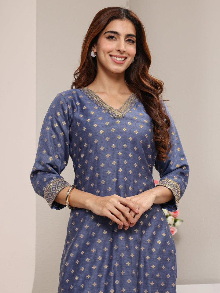 Blue Ethnic Woven Design Chanderi Silk Straight Suit Set With Dupatta