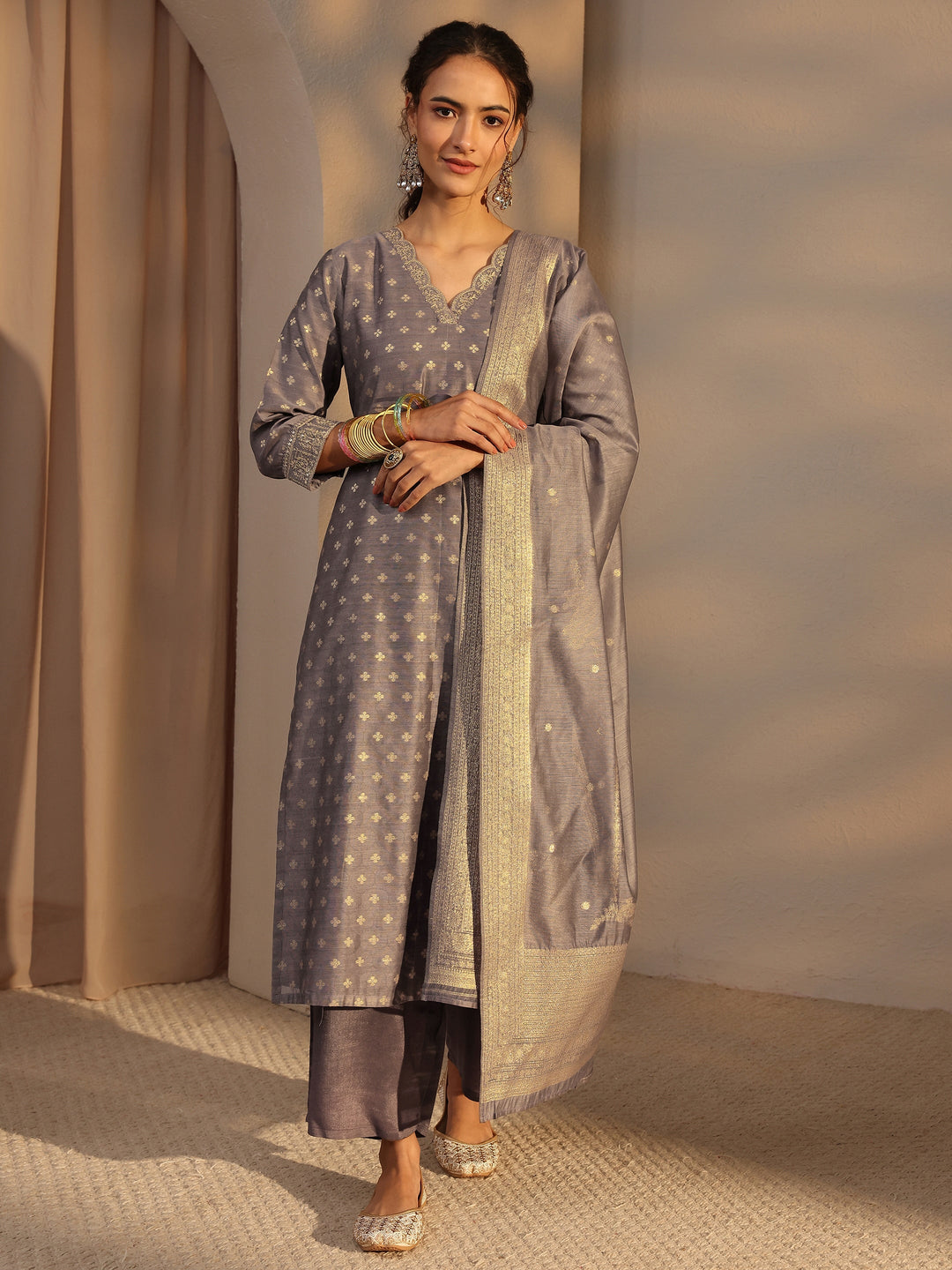 Grey Woven Design Chanderi Silk Straight Suit Set With Dupatta