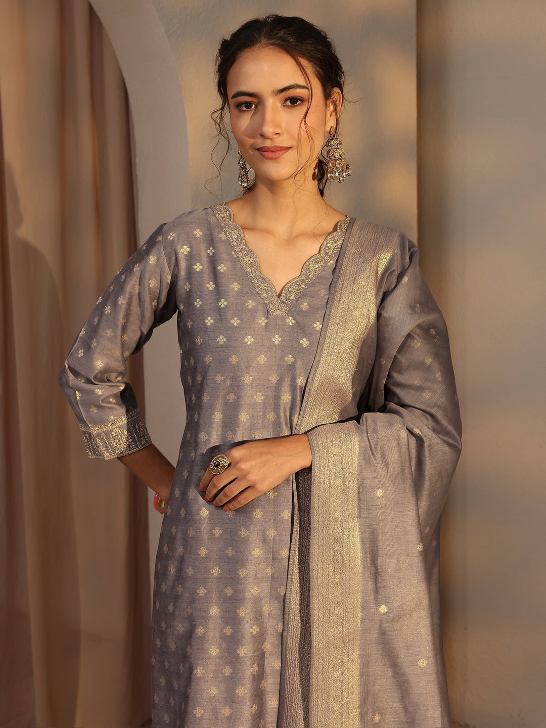 Grey Woven Design Chanderi Silk Straight Suit Set With Dupatta