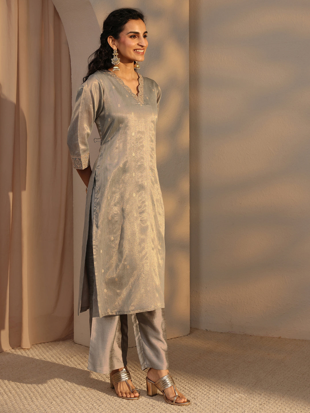 Grey Woven Design Chanderi Silk Straight Suit Set With Dupatta