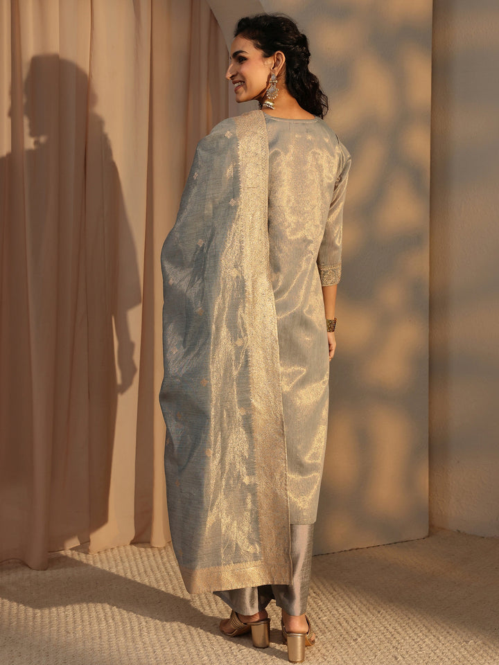 Grey Woven Design Chanderi Silk Straight Suit Set With Dupatta