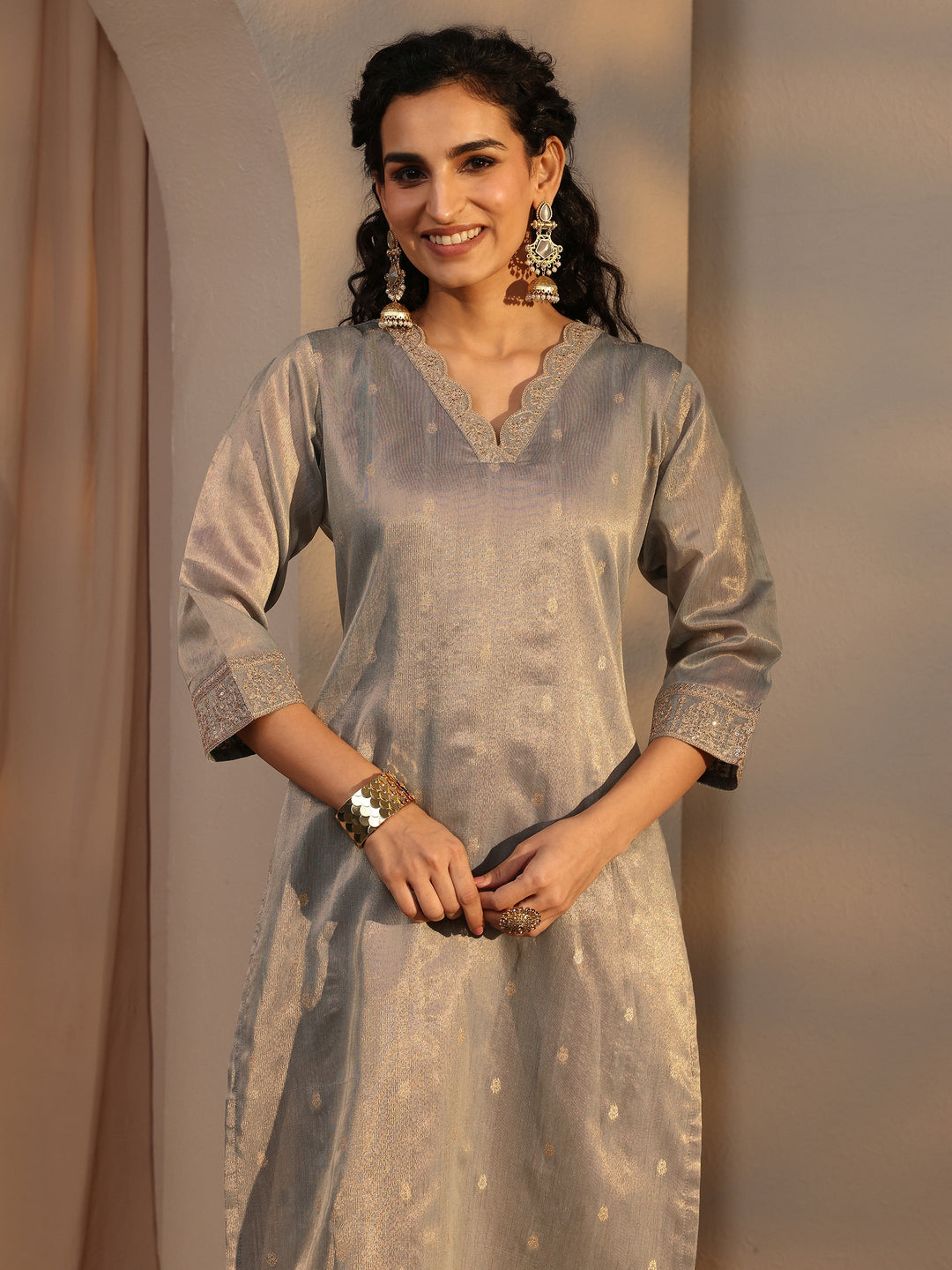 Grey Woven Design Chanderi Silk Straight Suit Set With Dupatta