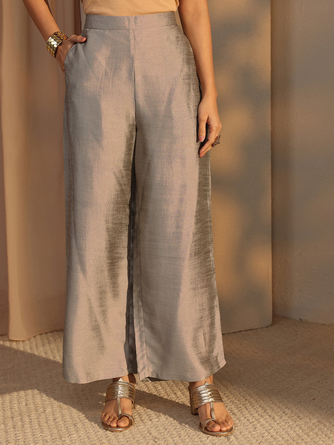 Grey Woven Design Chanderi Silk Straight Suit Set With Dupatta