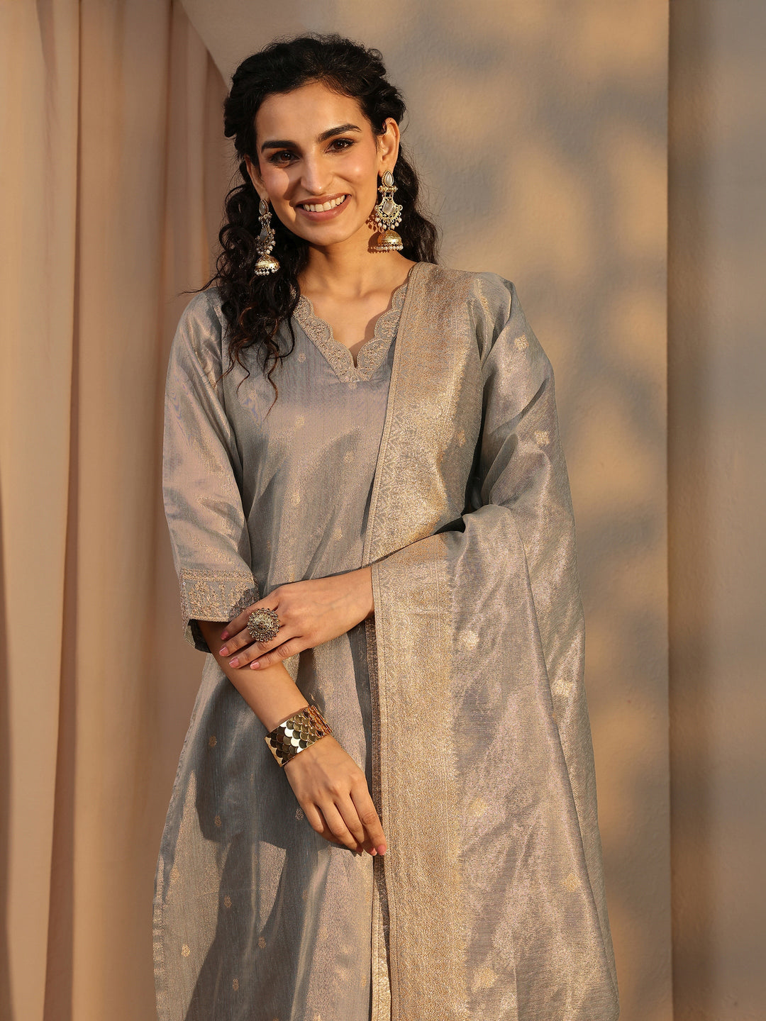 Grey Woven Design Chanderi Silk Straight Suit Set With Dupatta