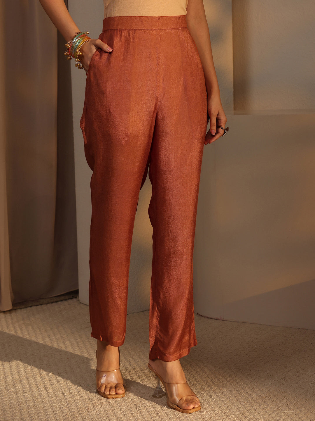 Rust Woven Design Chanderi Silk Straight Suit Set With Dupatta