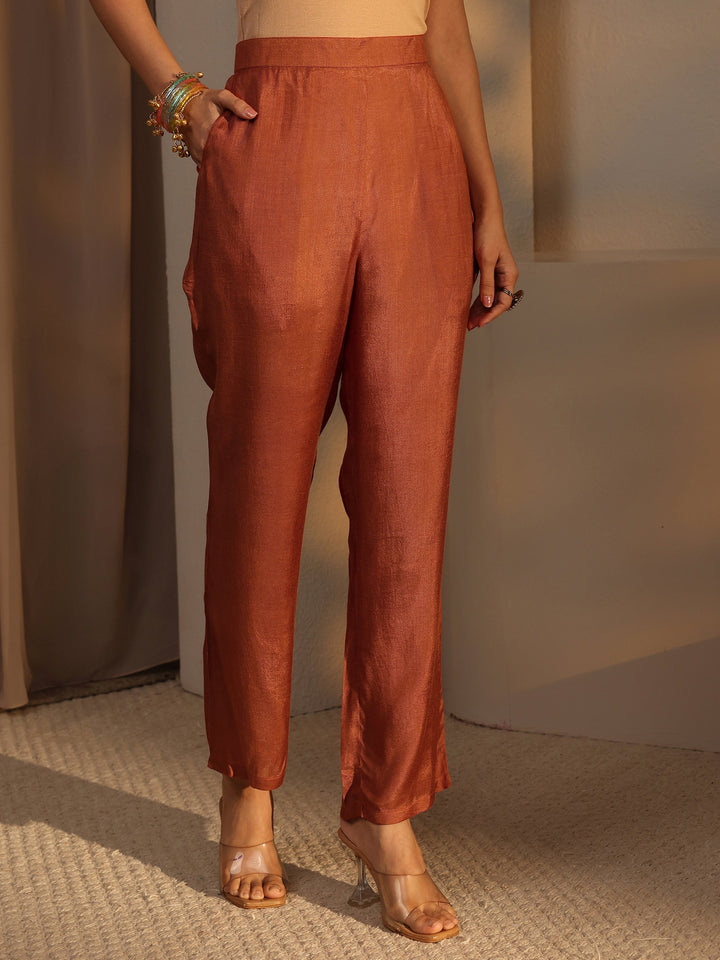 Rust Woven Design Chanderi Silk Straight Suit Set With Dupatta