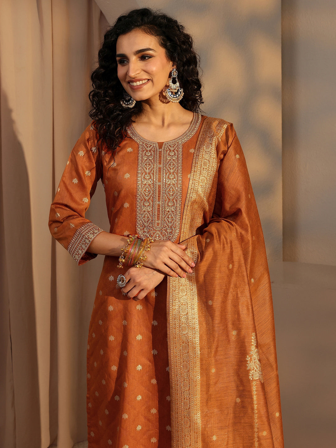 Rust Woven Design Chanderi Silk Straight Suit Set With Dupatta