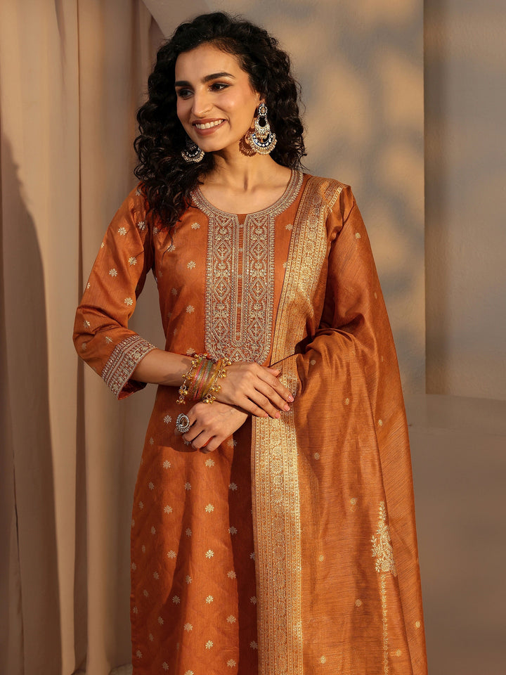 Rust Woven Design Chanderi Silk Straight Suit Set With Dupatta