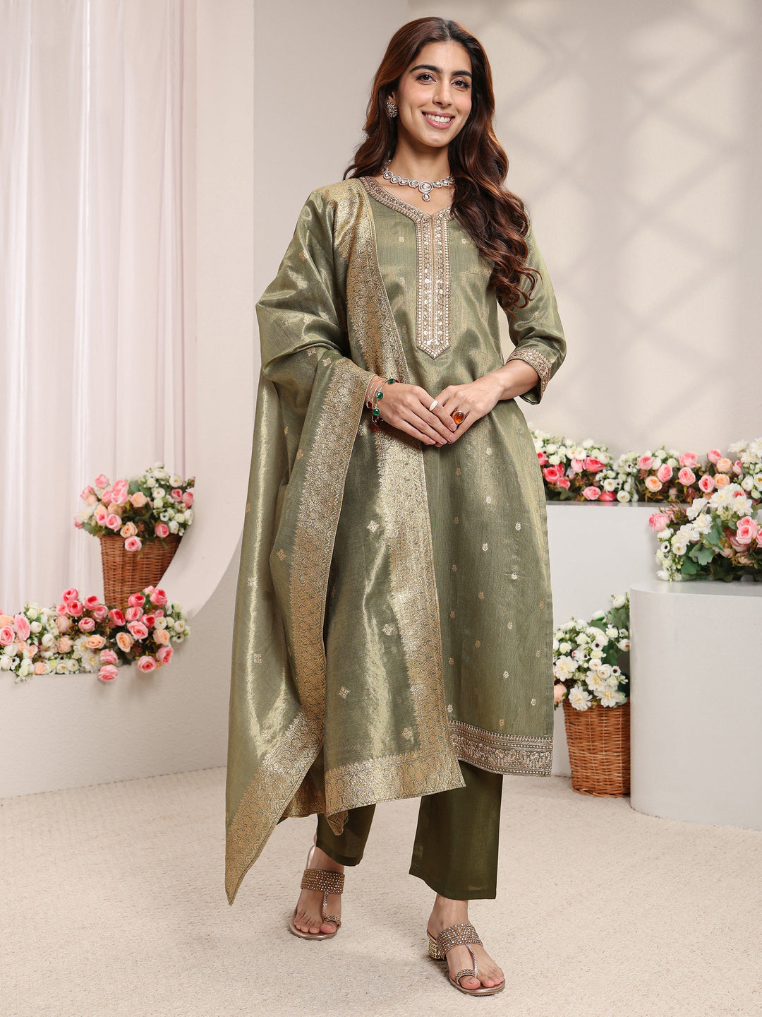 Green Woven Design Chanderi Silk Straight Suit Set With Dupatta