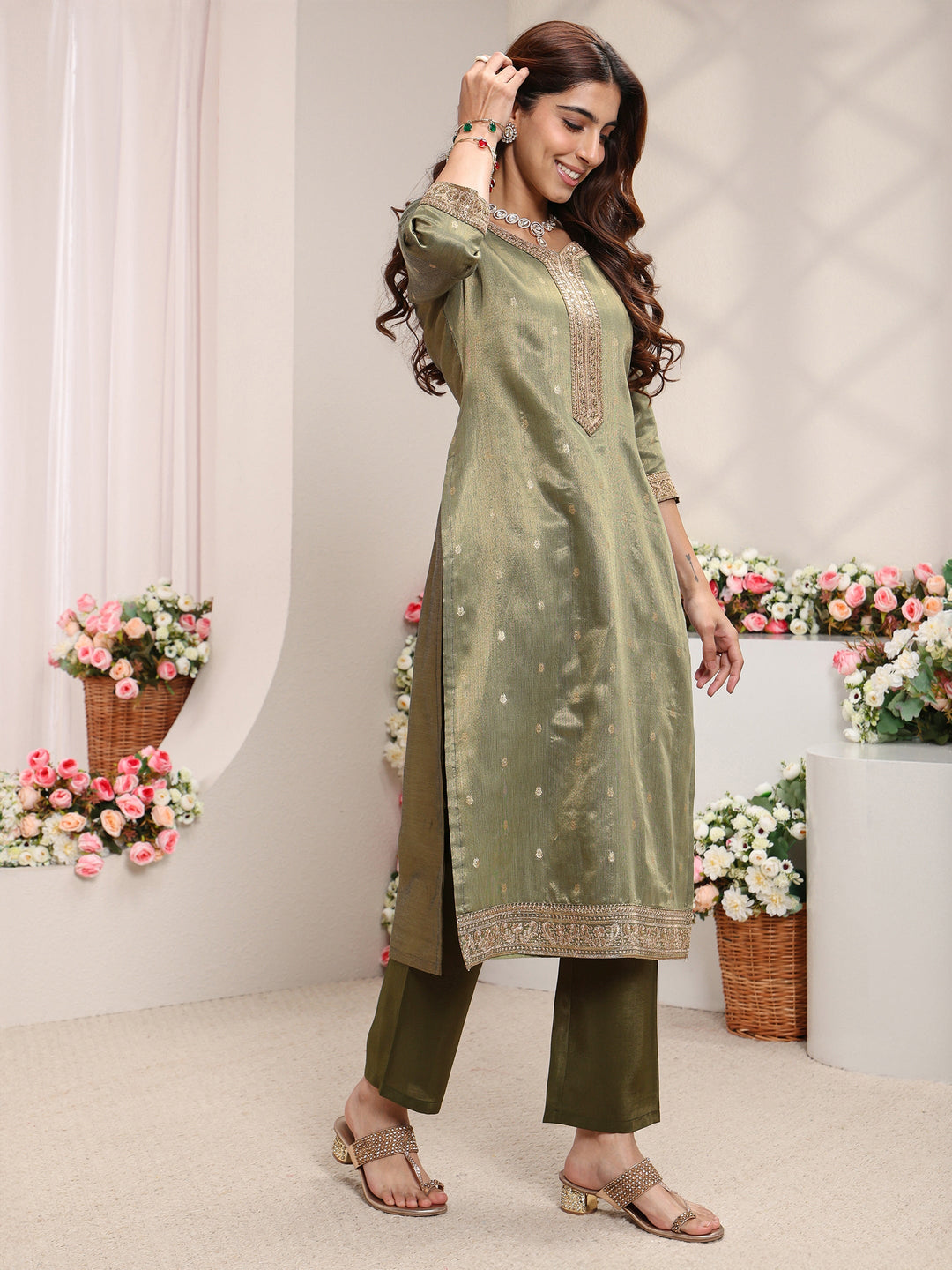 Green Woven Design Chanderi Silk Straight Suit Set With Dupatta
